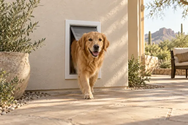Illustrative concept of a golden retriever stepping through a pet door onto a sunny patio